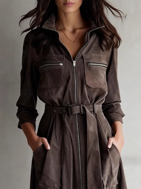 ✨ Retro Collar Shirt Dress 👗 | Women's Long Sleeve Waist-Cinching Slit Slim Fit Stylish Design