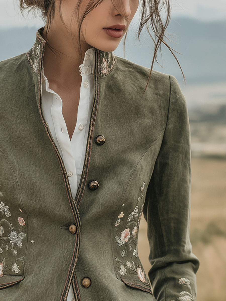 Retro Stand-up Collar Floral Embroidery Contrast Trim Jacket
