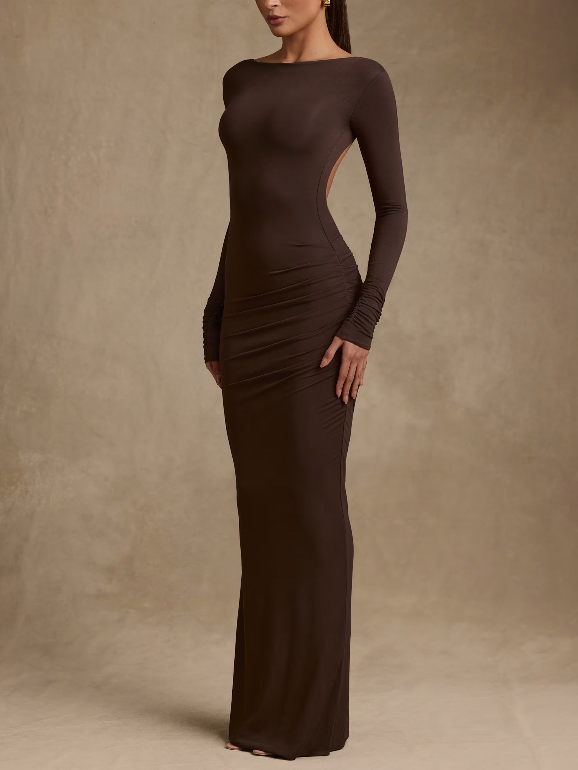 Chocolate Brown Pleated Halter Maxi Dress