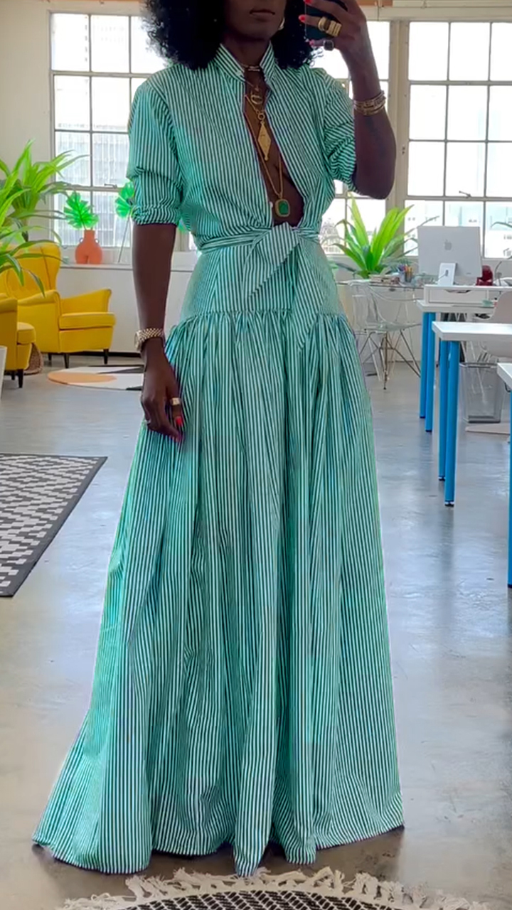 Women's Stand Collar Striped Fishtail Dress