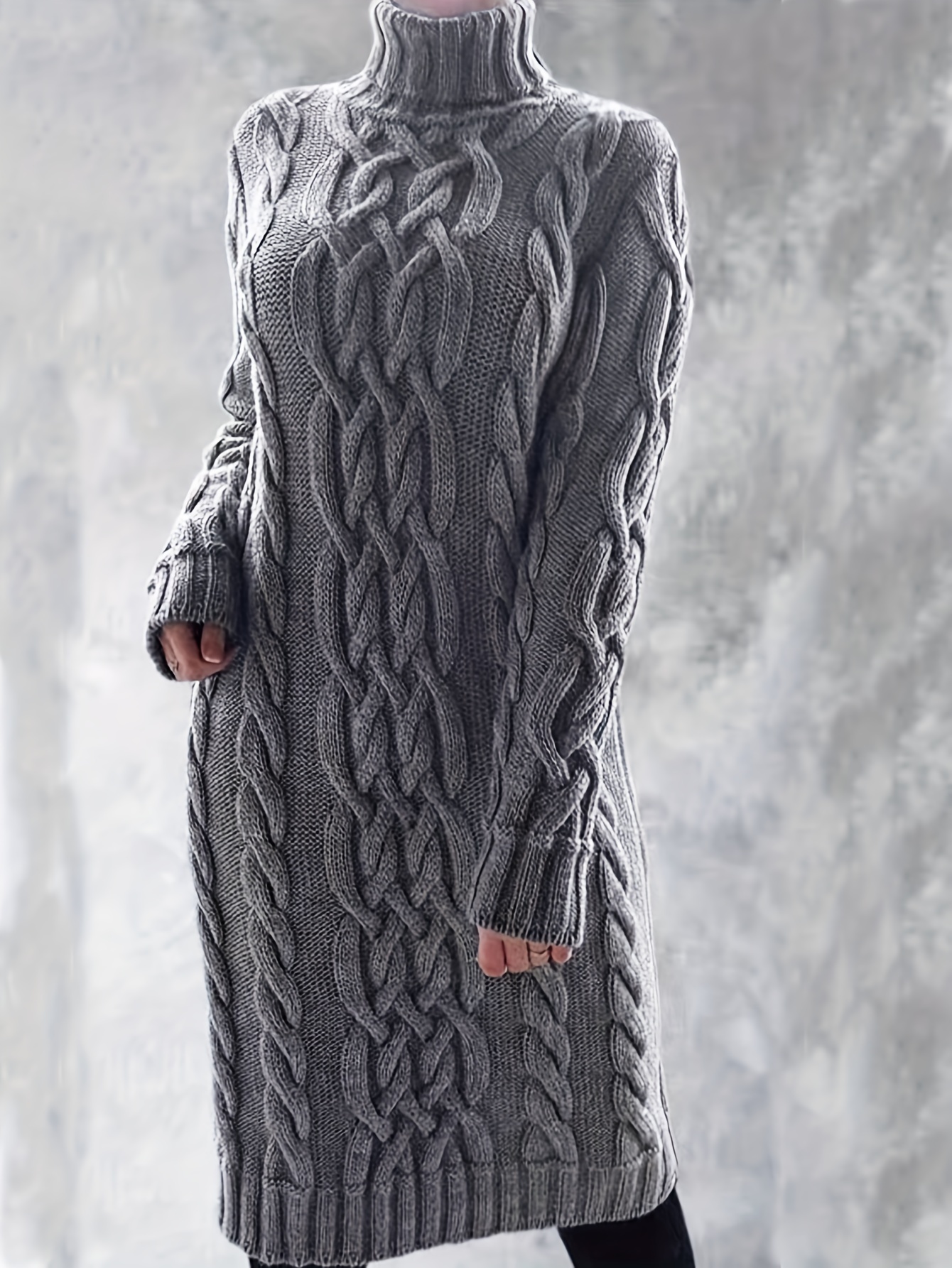 Turtleneck Cable Knit Sweater Dress, Elegant Solid Long Sleeve Dress, Women's Clothing