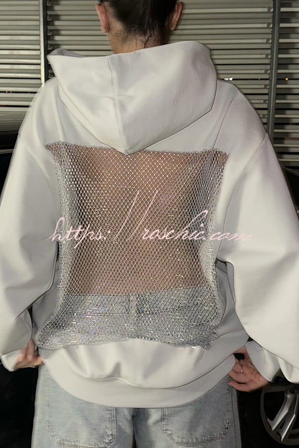 Fashionable Shiny Mesh Hollow Back Loose Long-sleeved Hooded Sweatshirt