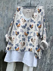 Rooster Print V-Neck Loose Casual Blouse