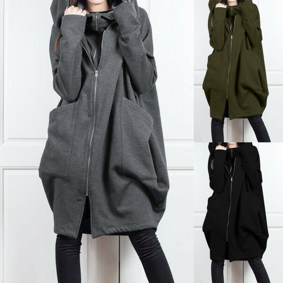 Long Hooded Pocket Zipper Loose Coat With False Two-piece Design