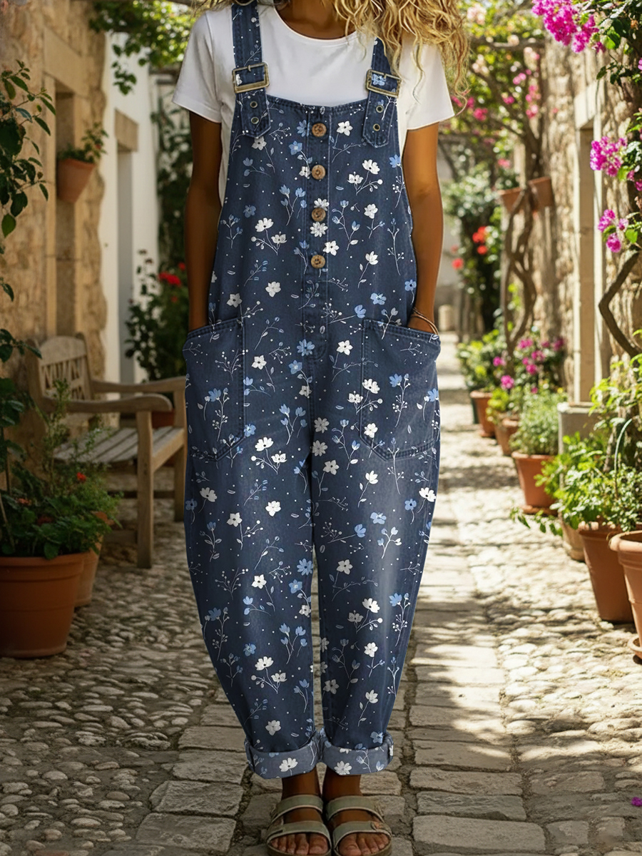 Women's Floral Print Casual Denim Jumpsuit