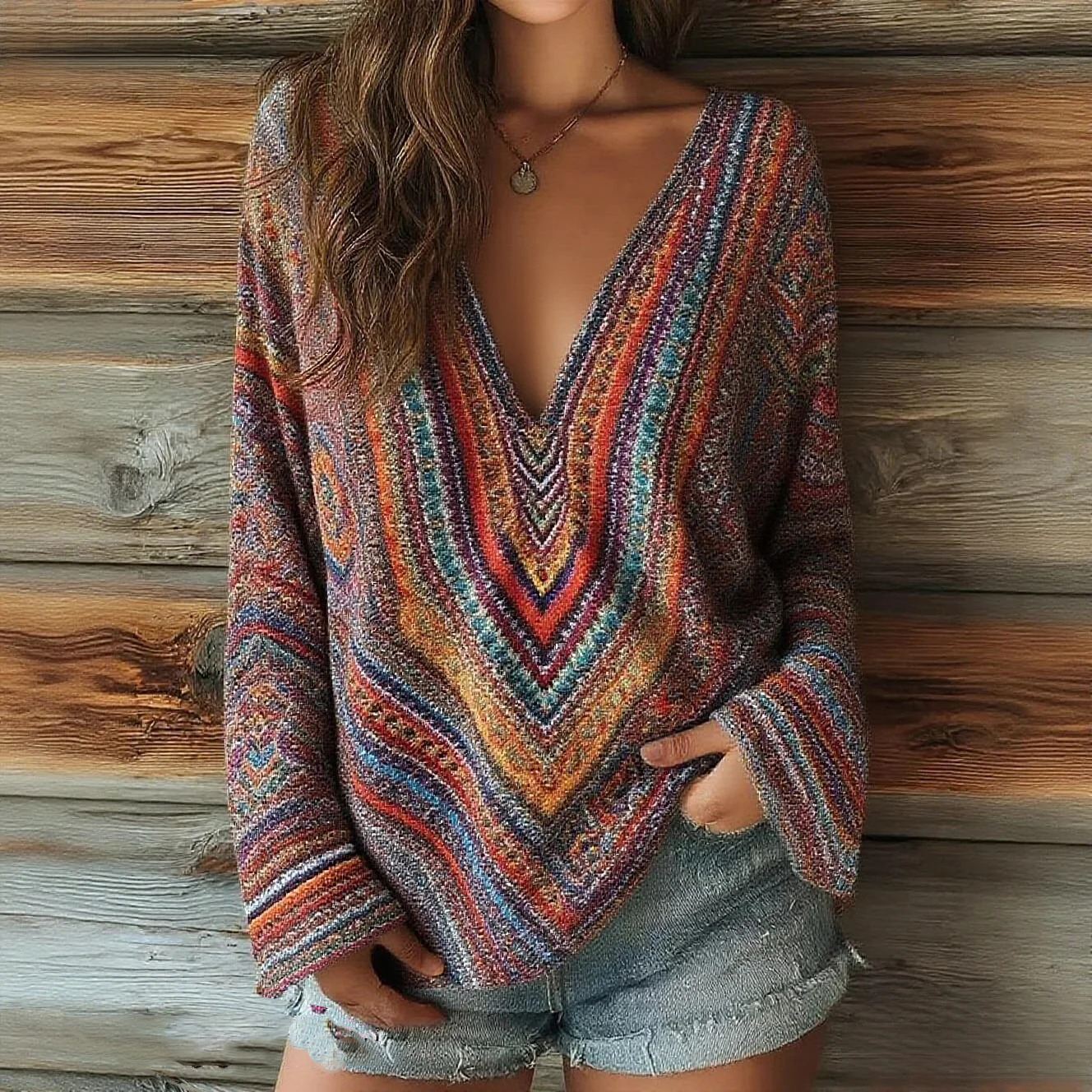 Women's Striped Art Print Casual V-neck Long Sleeve Top