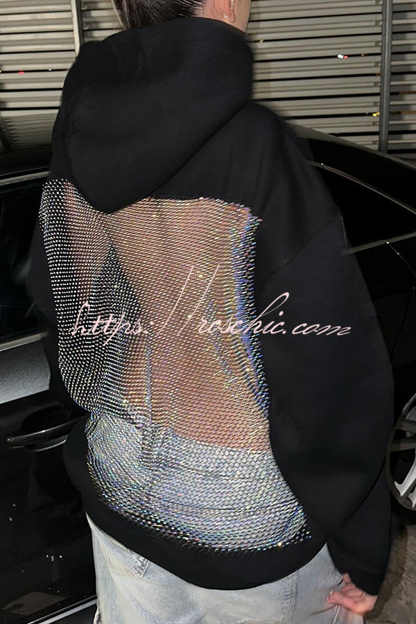 Fashionable Shiny Mesh Hollow Back Loose Long-sleeved Hooded Sweatshirt
