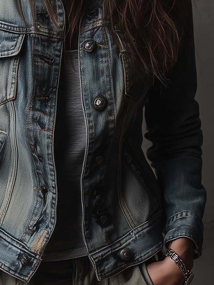 Washed And Faded Utility Denim Jacket With Epaulettes