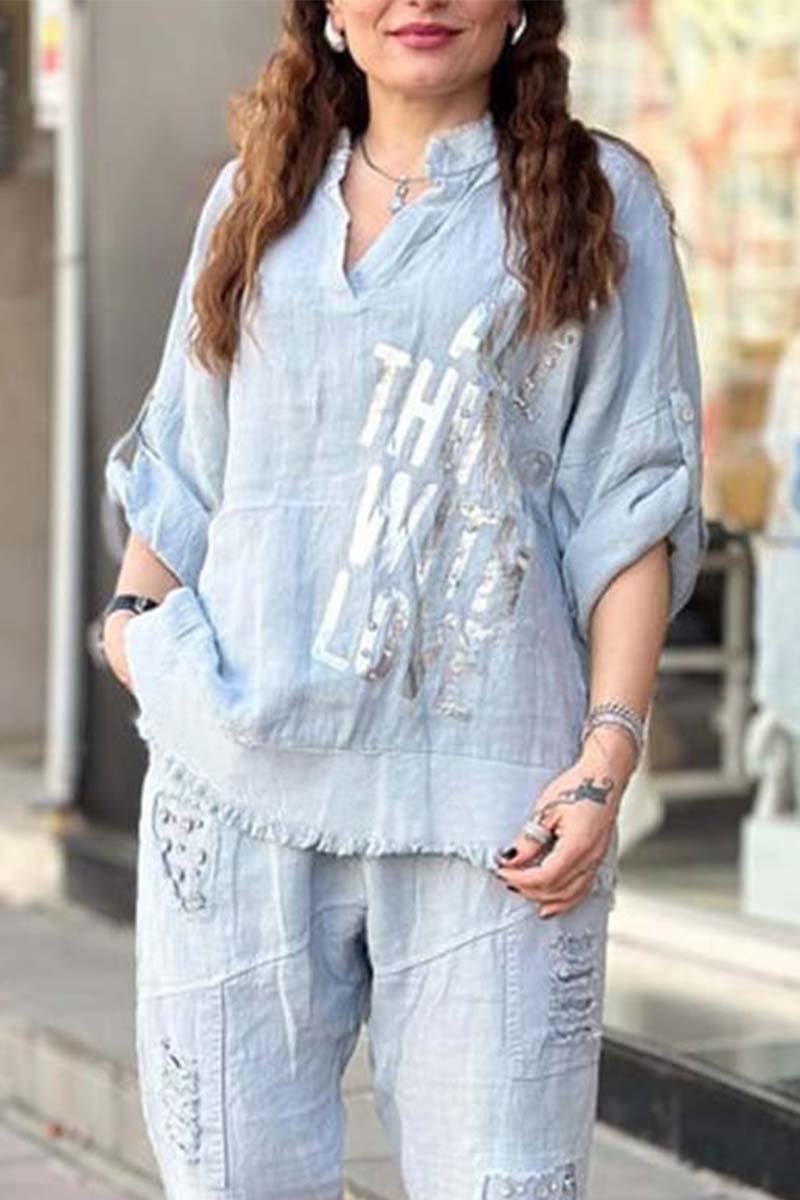 Women's casual letter printed cotton and linen long sleeve top or two-piece set