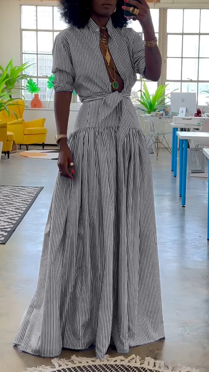 Women's Stand Collar Striped Fishtail Dress