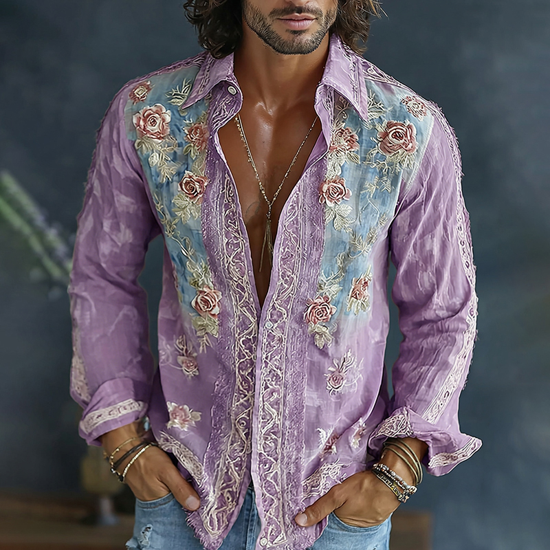 Men's Spring Floral Embroidered Art Print Flowy Linen Blend Casual Shirt