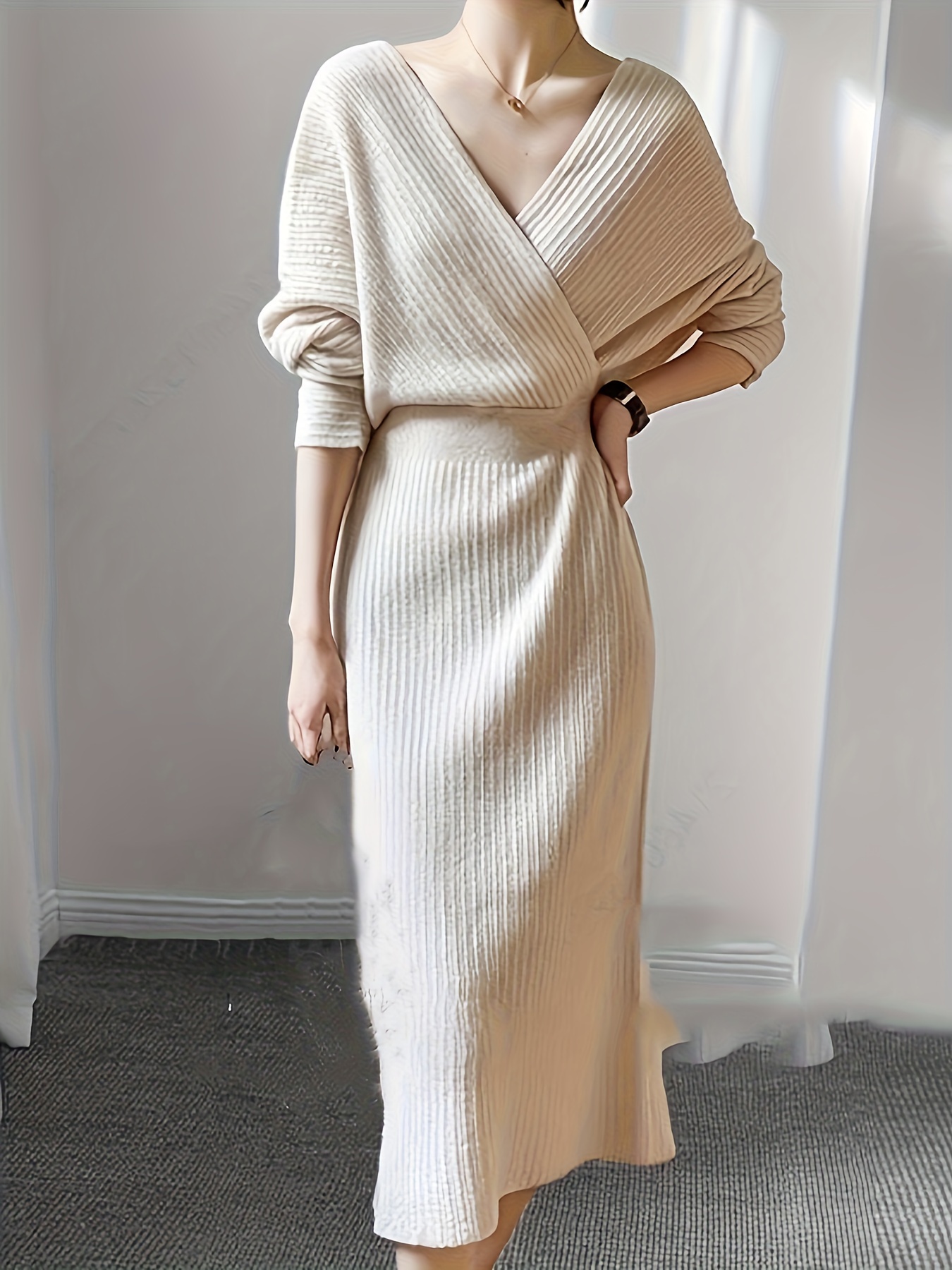 Cozy Surplice Neck Knitted Midi Dress - Soft, Elegant, Solid Color, Long Sleeve, Fall & Winter Essential - Women's Clothing for Chic Everyday Wear