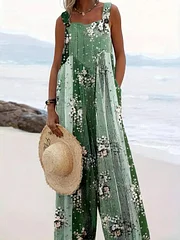 Women's Vintage Floral Print Cotton Linen Casual Strap Wide Leg Pants Jumpsuit