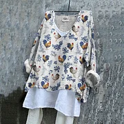 Rooster Print V-Neck Loose Casual Blouse
