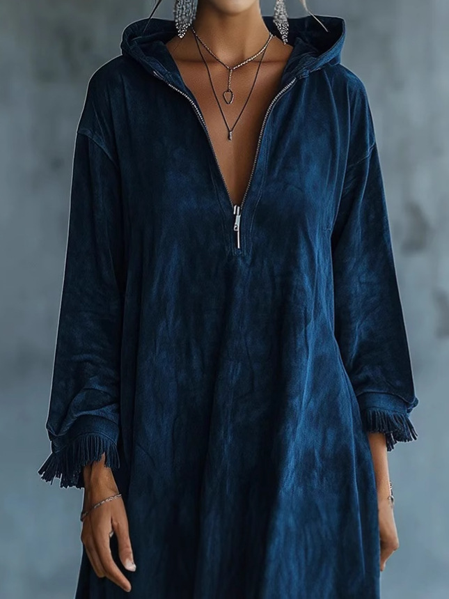 ✨ Women's Solid Color Hooded Long-Sleeve Short Dress 👗 | Tassel Hem, Loose Versatile Stylish Casual Wear
