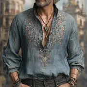 Men's Vintage Floral Embroidered Comfy Linen Shirt