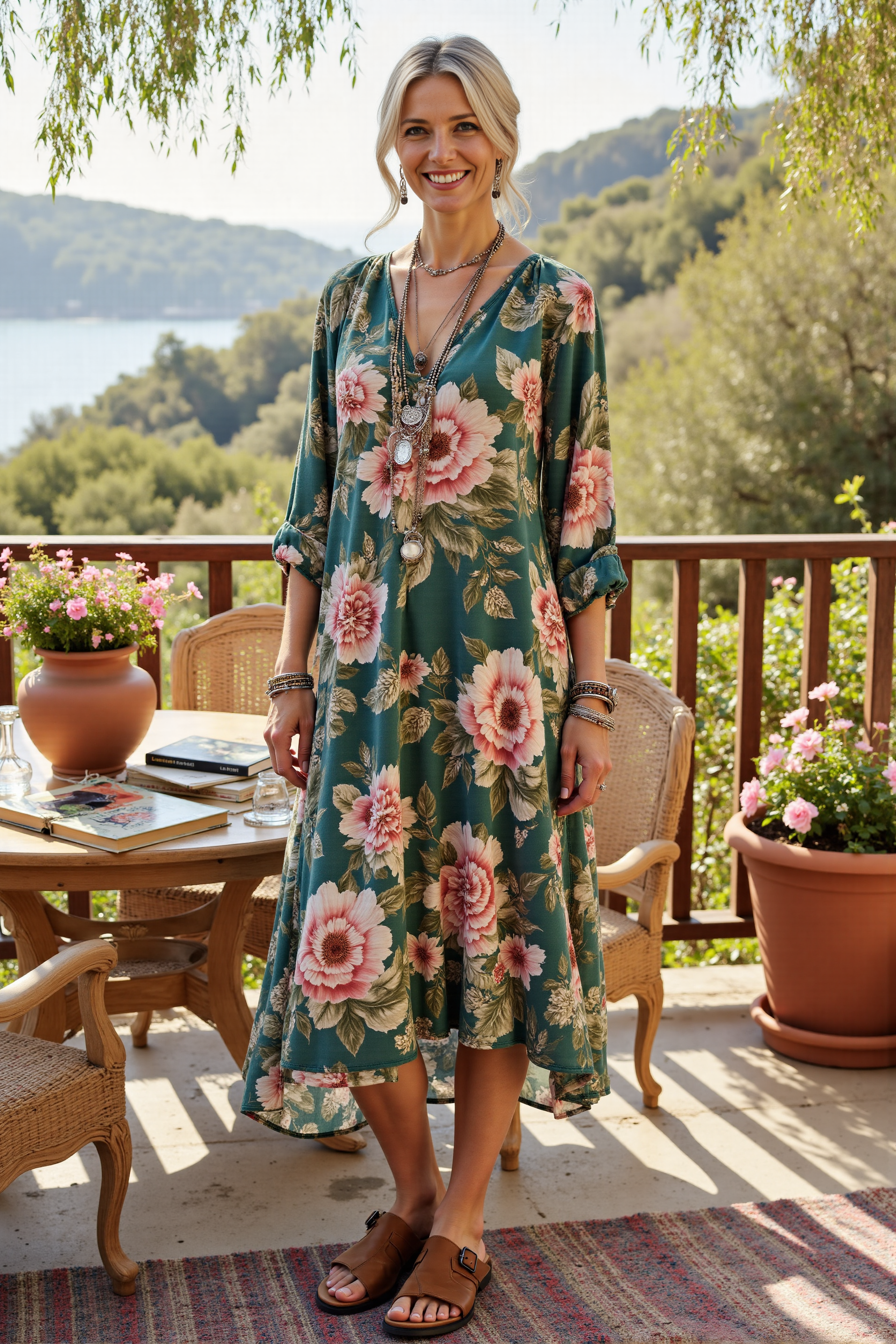 Women's Boho Print Casual Cotton&Line Maxi Dress