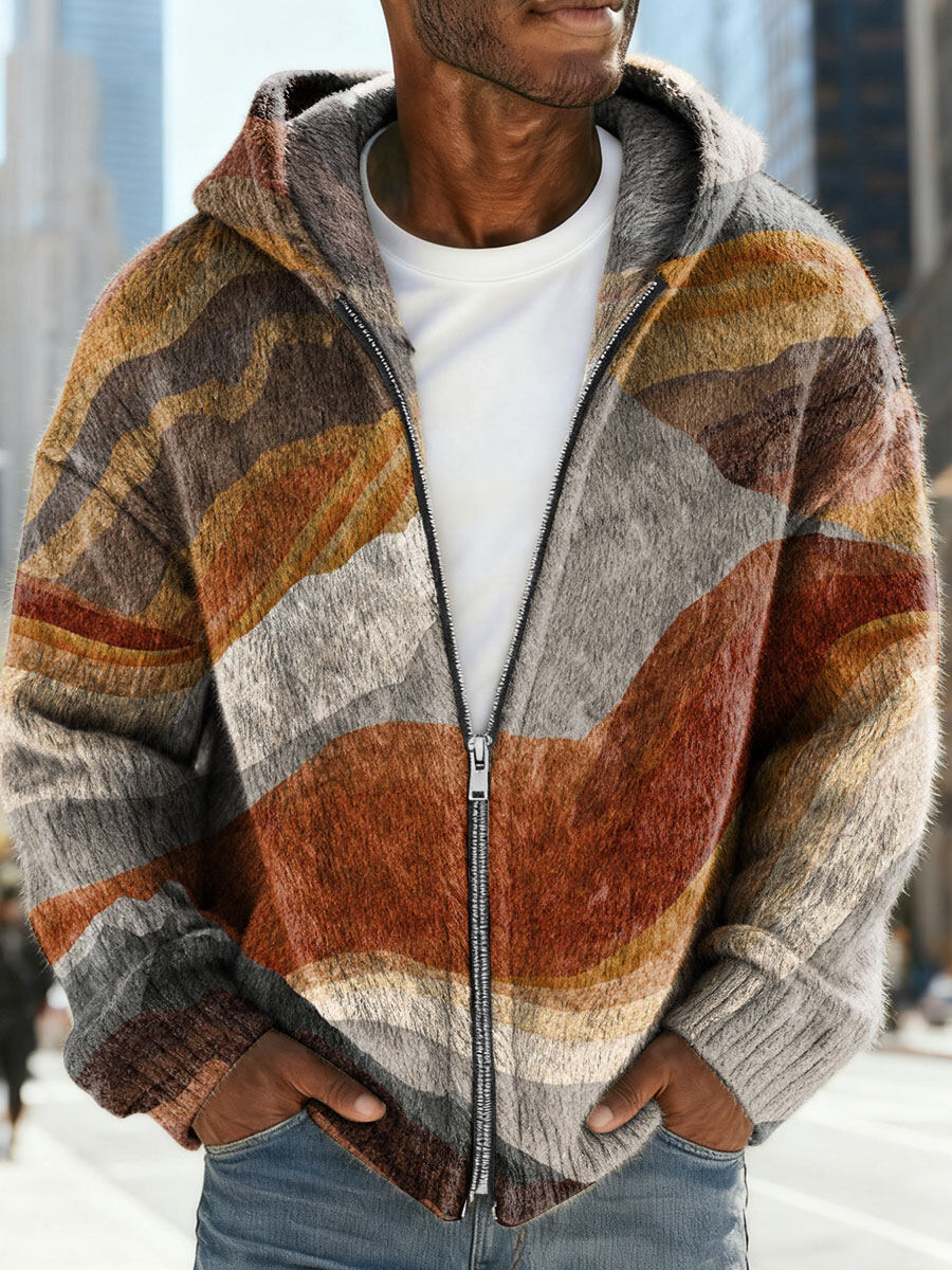 Men's Artistic Abstract Vintage Color Block Pattern Art Print Zip-up Sweater Cardigan