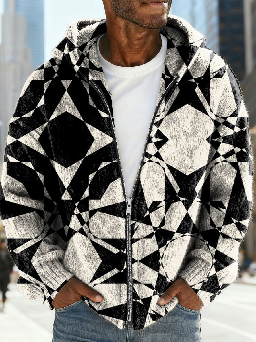Men's Artistic Abstract Vintage Color Block Pattern Art Print Zip-up Sweater Cardigan