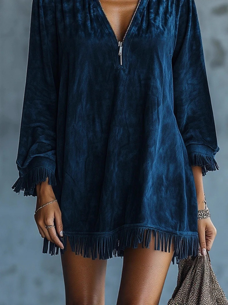 ✨ Women's Solid Color Hooded Long-Sleeve Short Dress 👗 | Tassel Hem, Loose Versatile Stylish Casual Wear