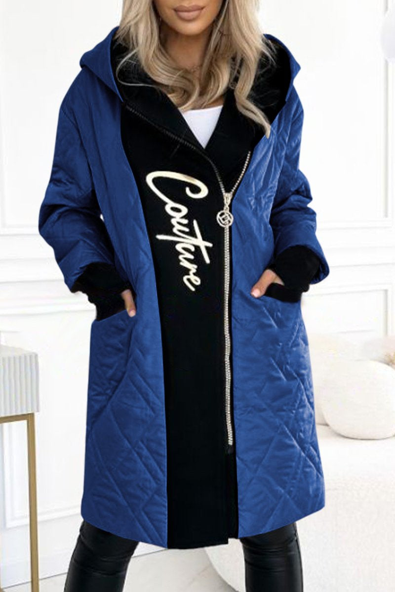 Women's Stylish Hooded Zippered Letter Print Long Coat