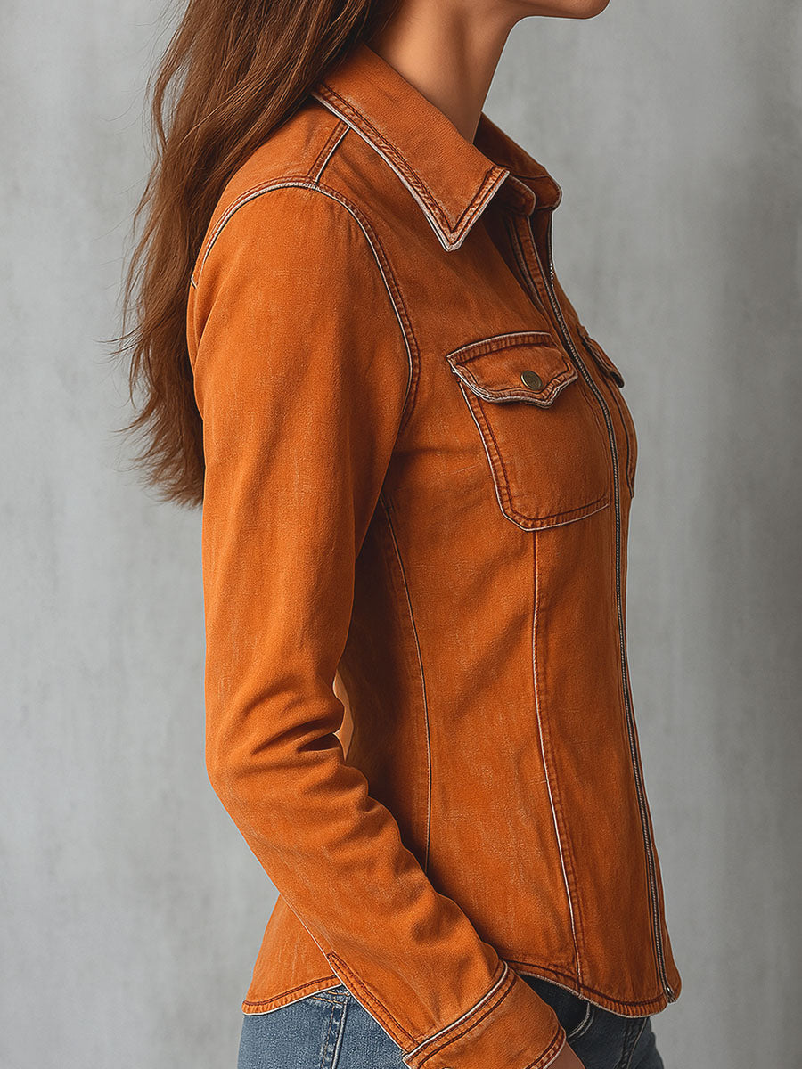 Vintage Burnt Orange Utility Zip Denim Jacket
