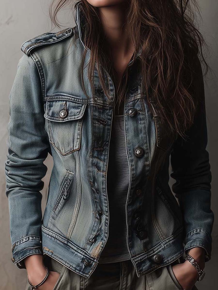 Washed And Faded Utility Denim Jacket With Epaulettes