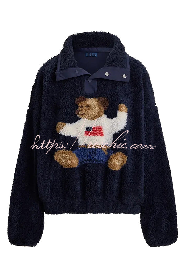 American Retro Polo Bear Pattern Stand Button Neck Long Sleeve Fleece Pullover