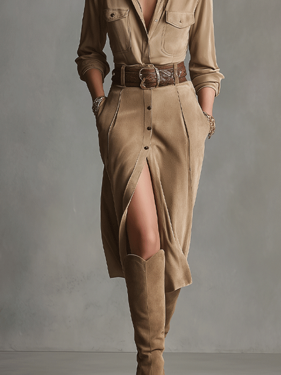 Women's Brown Fashion Suede Midi Dress