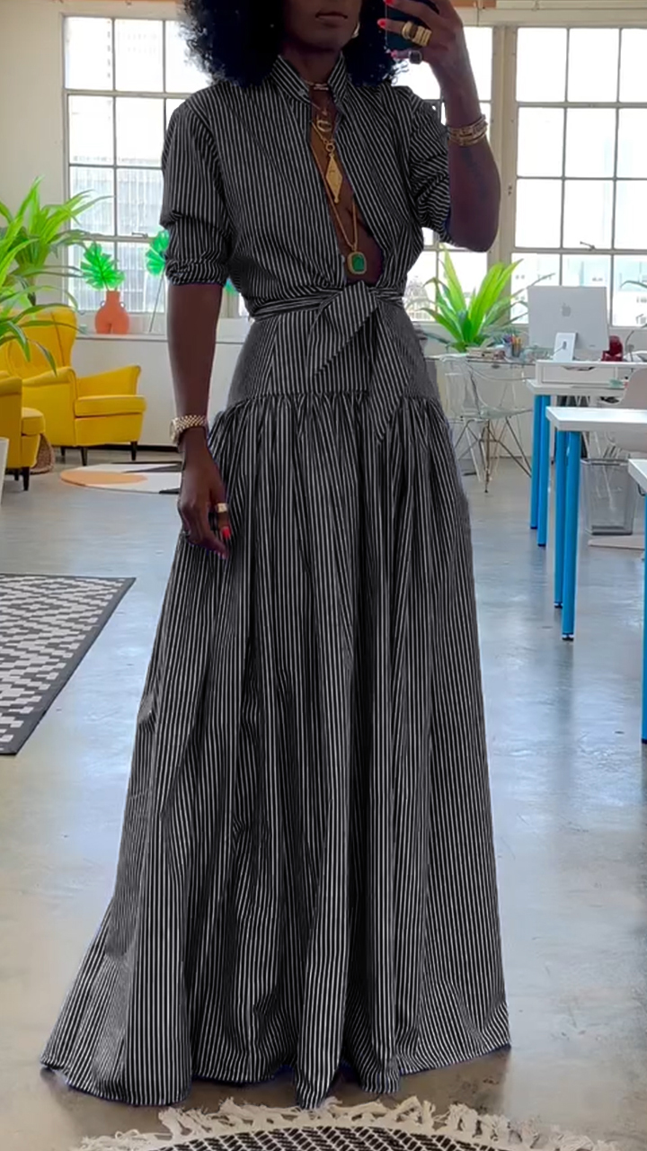 Women's Stand Collar Striped Fishtail Dress