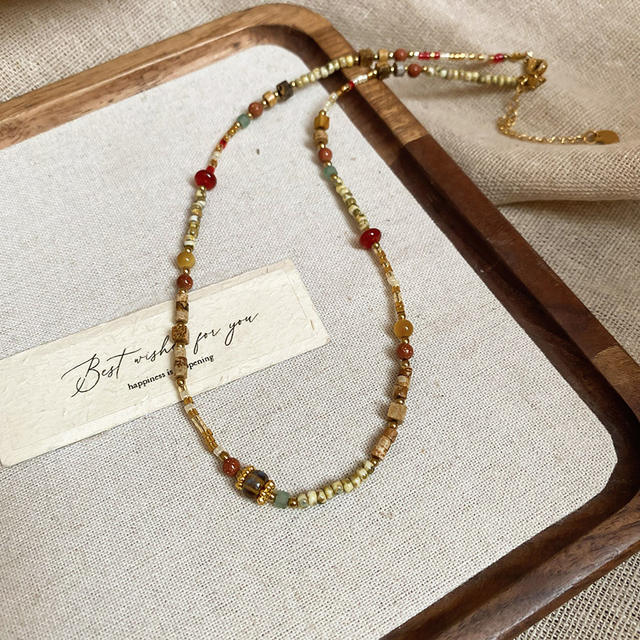 Retro Ethnic Style Small Elephant Picture Stone Glass Geometric Beaded Necklace