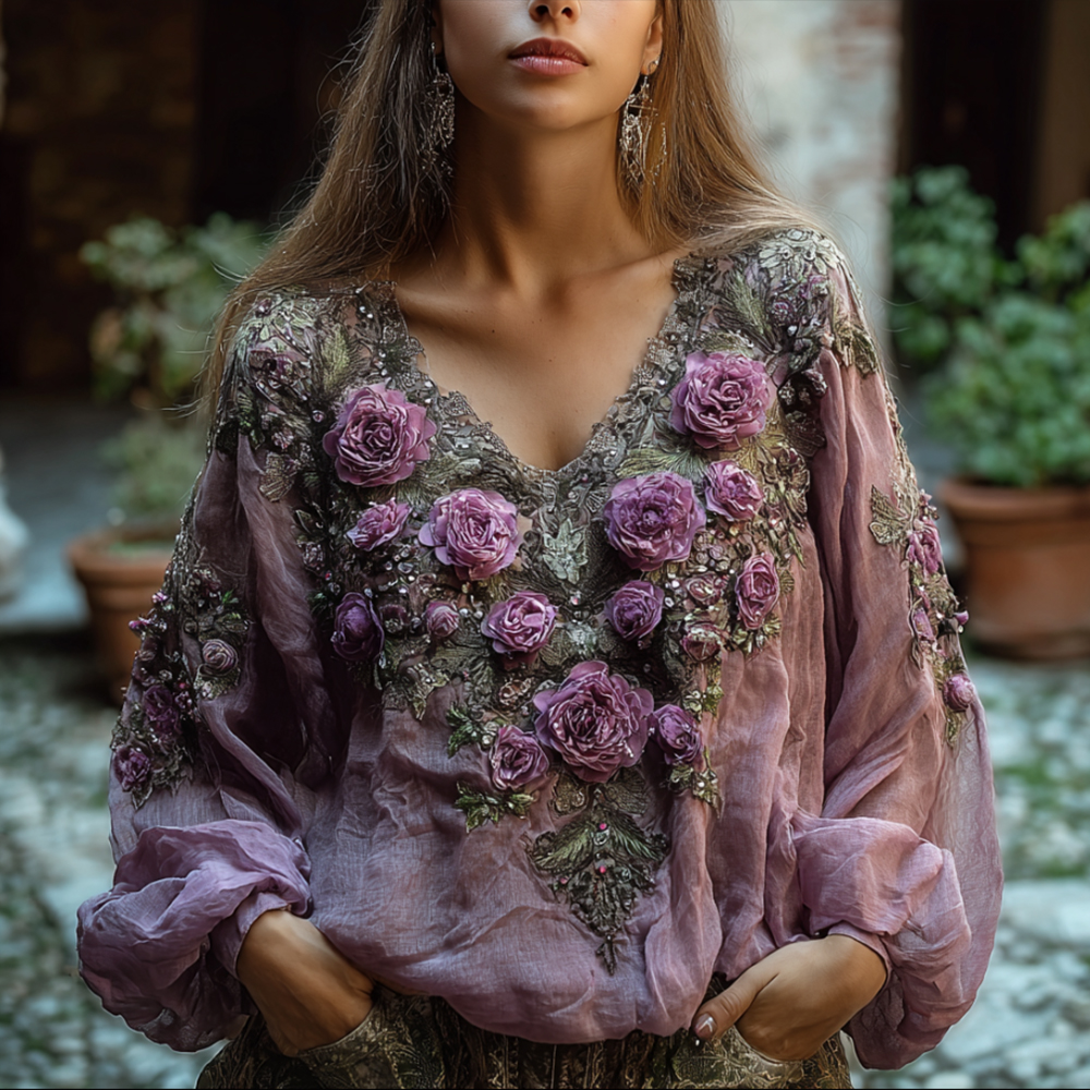 Bohemian Style Embroidered Plant Flower V-neck Long-sleeved Casual Vintage Top