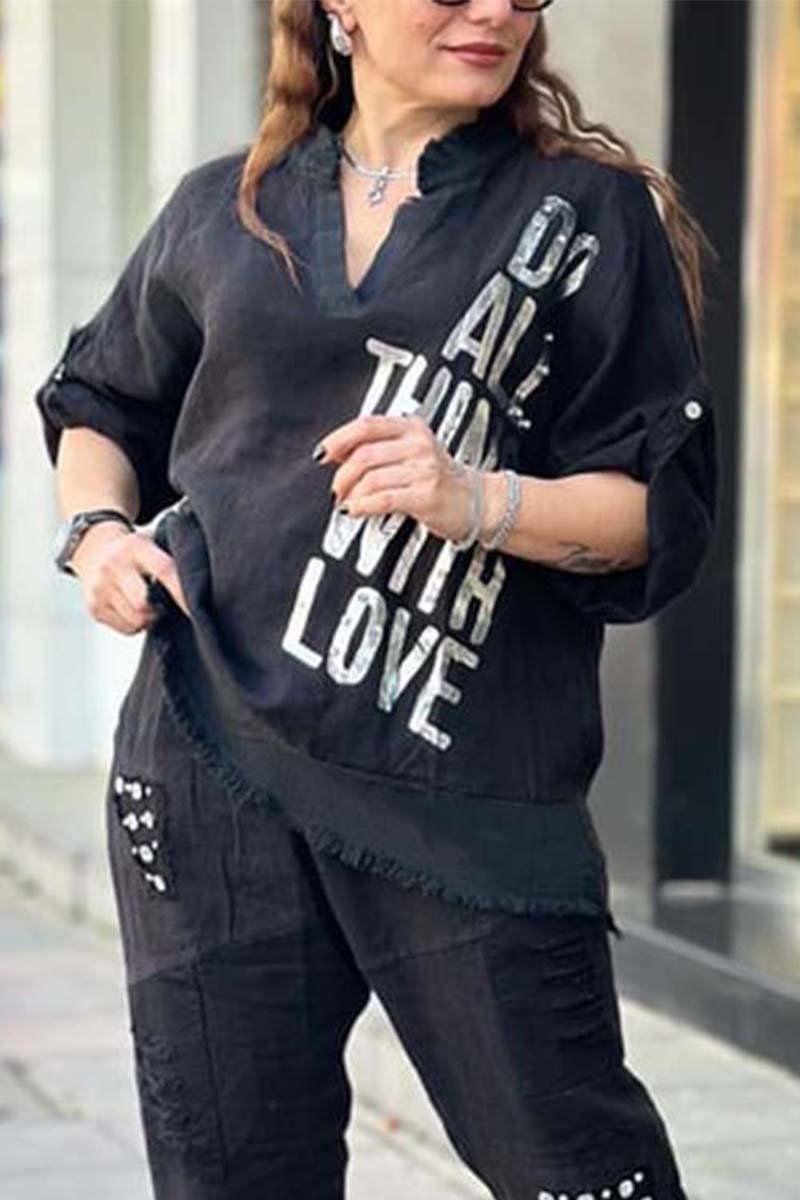 Women's casual letter printed cotton and linen long sleeve top or two-piece set