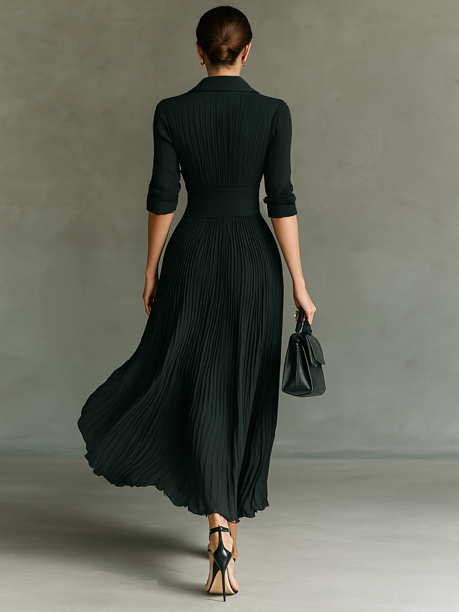 Women's Solid Color Pleated Lapel Waist Long Sleeve Maxi Dress