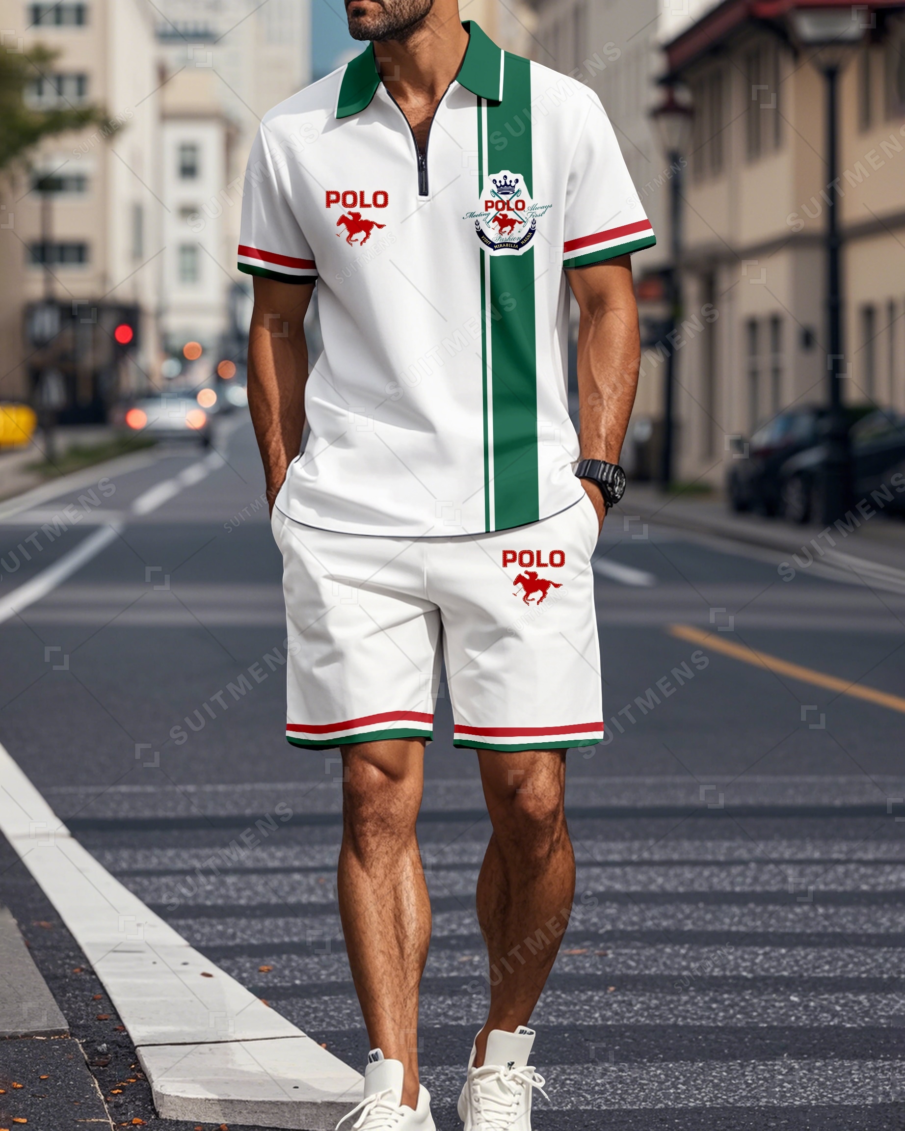 Men's Color Blocked Summer Polo Shorts Set 012
