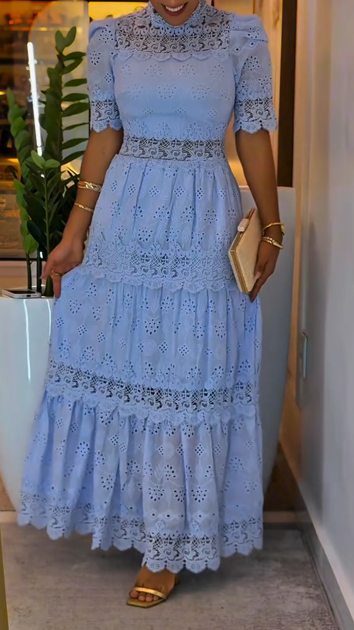 Women Round Neck Splicing Printed Hollow Elegant Casual Temperament Dress