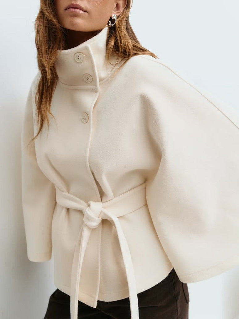 Solid color cape stand collar button belt coat