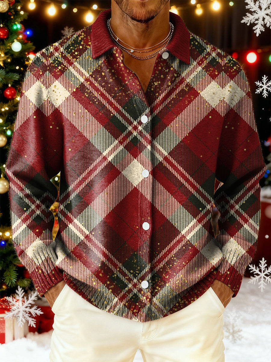 Men's Christmas Plaid Pattern Art Print Cowl Neck Sweater