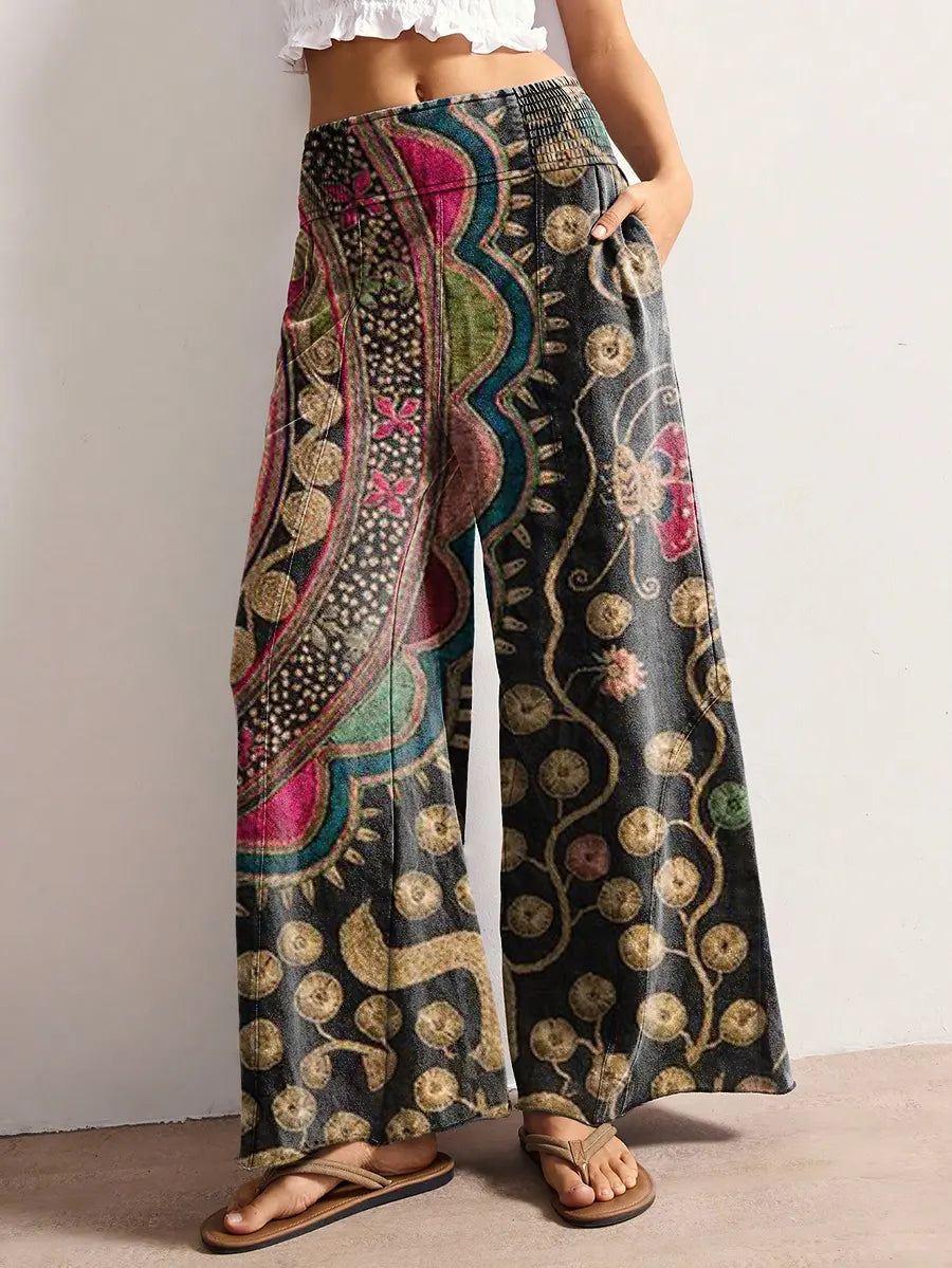 Women's Ethnic Floral Pattern Art Print Stretch Wide-leg Pants