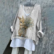 Vintage Cute Rabbit Farm V-Neck Casual Blouse