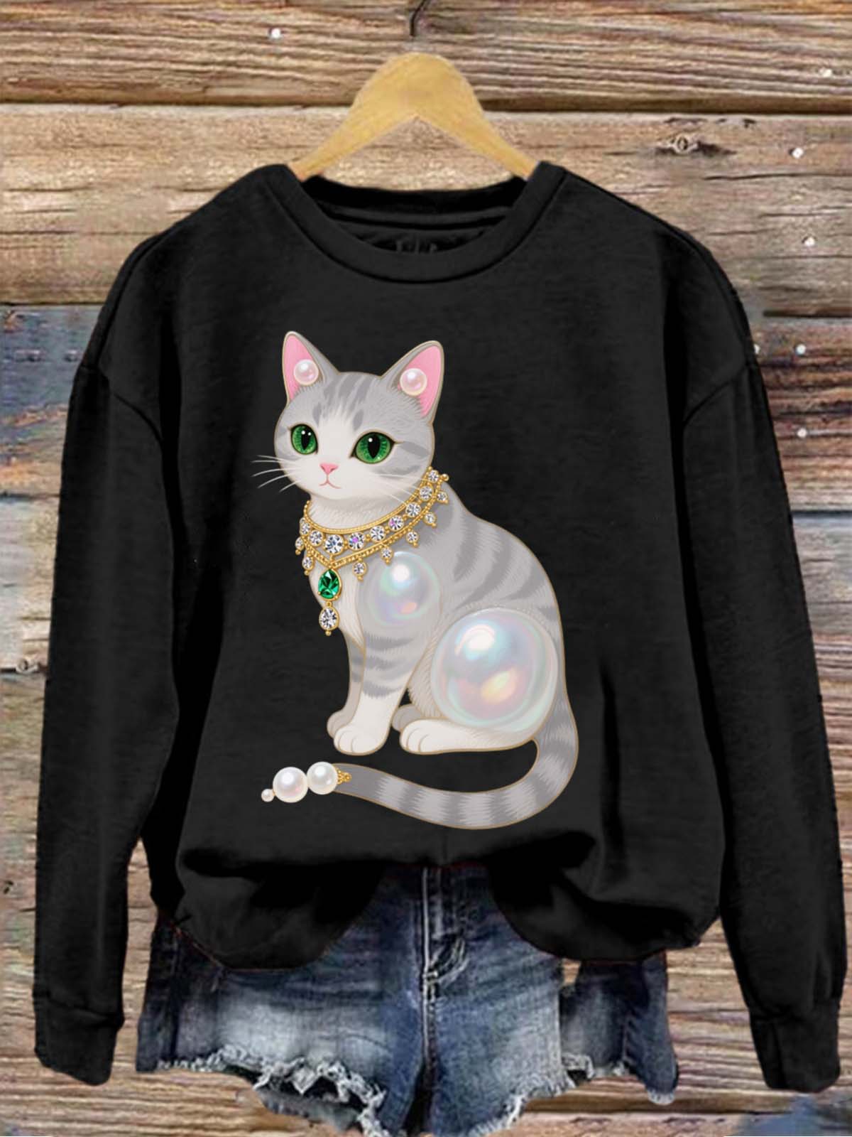 Vintage Cat Pearl Necklace Printed Crew-Neck Retro Fashion Loose Long Sleeved Sweatshirt