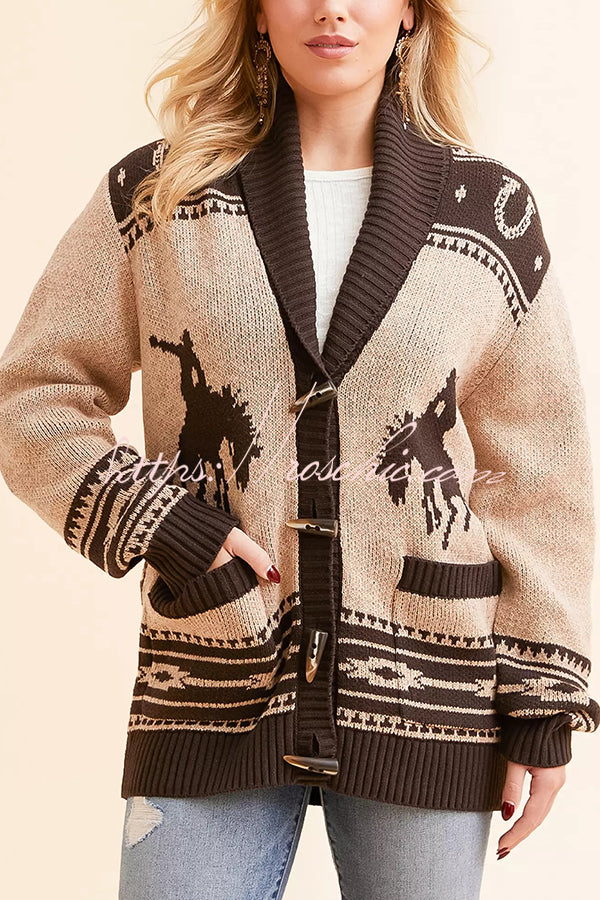 Retro Western Knit Unique Pattern Horn Buttons Pocket Lapel Loose Cardigan