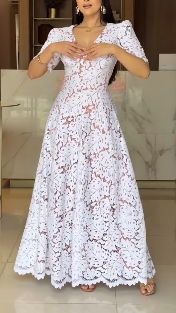 Women V-neck Print Hollow Elegant Temperament Dress