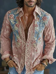 Men's Spring Floral Embroidered Art Print Flowy Linen Blend Casual Shirt