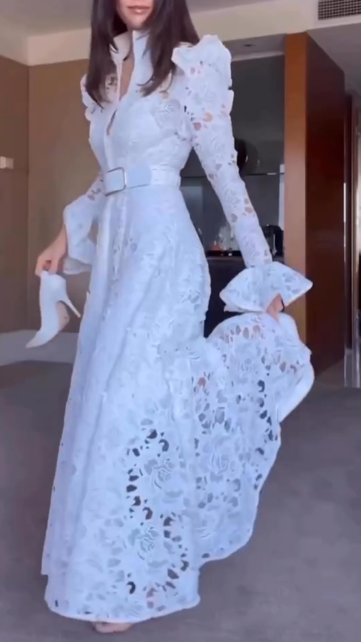 Women's Lapel Trumpet Sleeve Hollow Elegant Dress