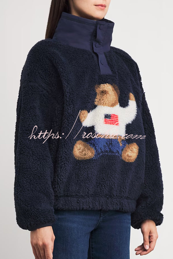American Retro Polo Bear Pattern Stand Button Neck Long Sleeve Fleece Pullover