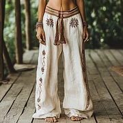 Vintage Bohemian Floral Ethnic Art Printed Cotton Linen Wide Leg Pants