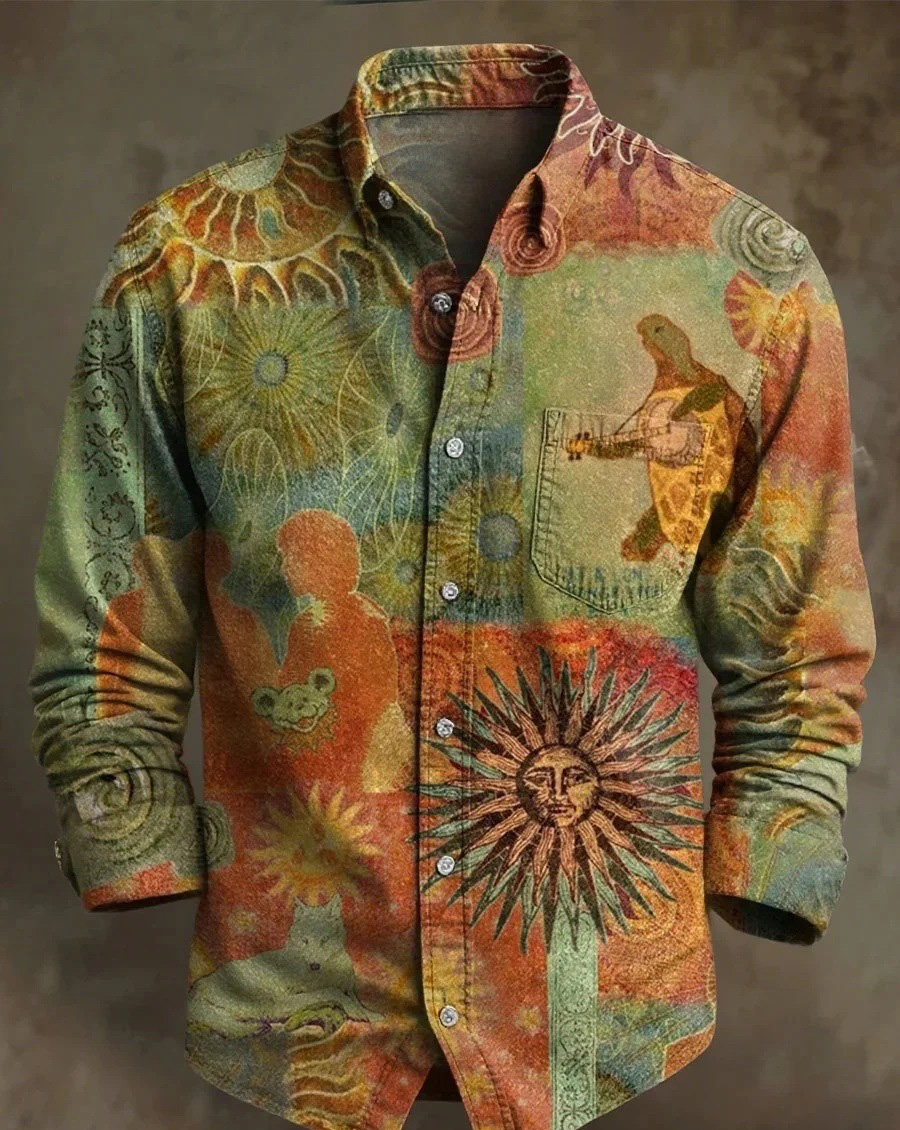 Halloween Men's Bamboo Linen Long Sleeve Shirt Vintage Lapel Shirt