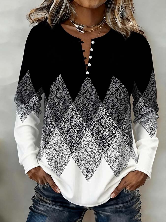Women'S Casual Printed Long-Sleeved Top With Button Closure