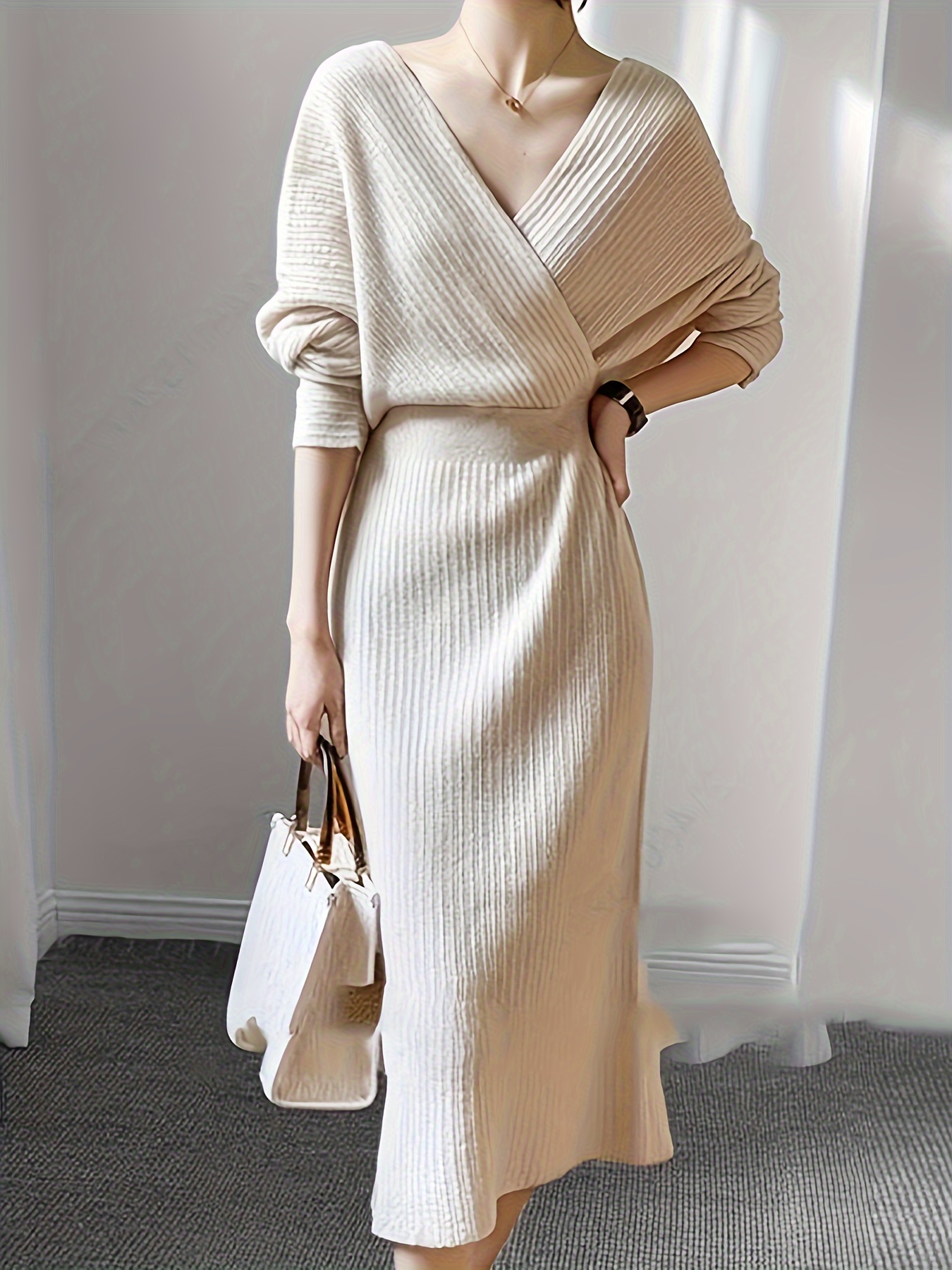 Cozy Surplice Neck Knitted Midi Dress - Soft, Elegant, Solid Color, Long Sleeve, Fall & Winter Essential - Women's Clothing for Chic Everyday Wear